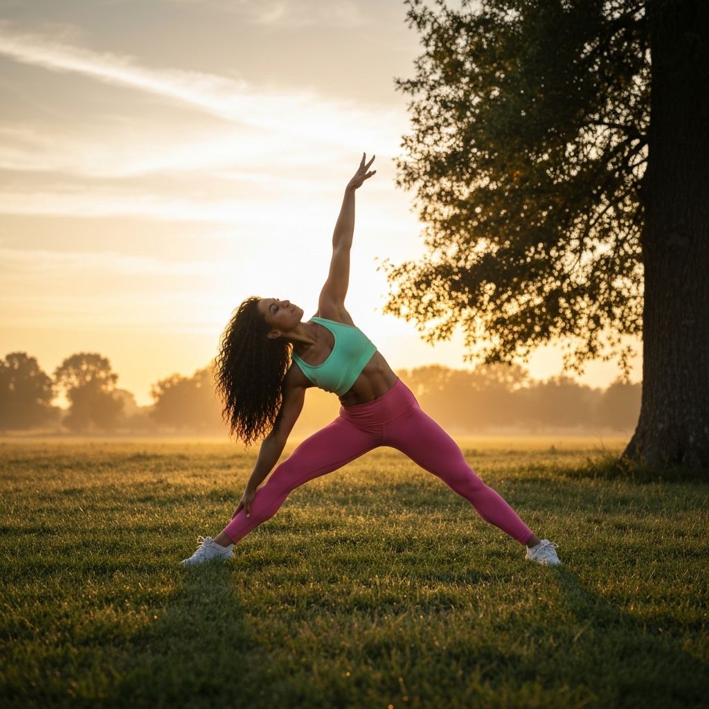 Woman stretching outdoors at sunrise